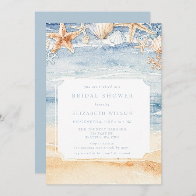 Rustic Watercolor Beach Bridal Shower Inbjudningar (Fram/baksida)