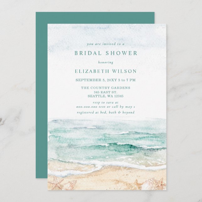 Rustic Watercolor Beach Bridal Shower Inbjudningar (Fram/baksida)
