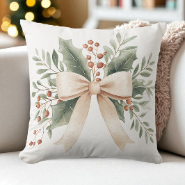 Rustic Watercolor Beige Bow Lövs and Berries Kudde