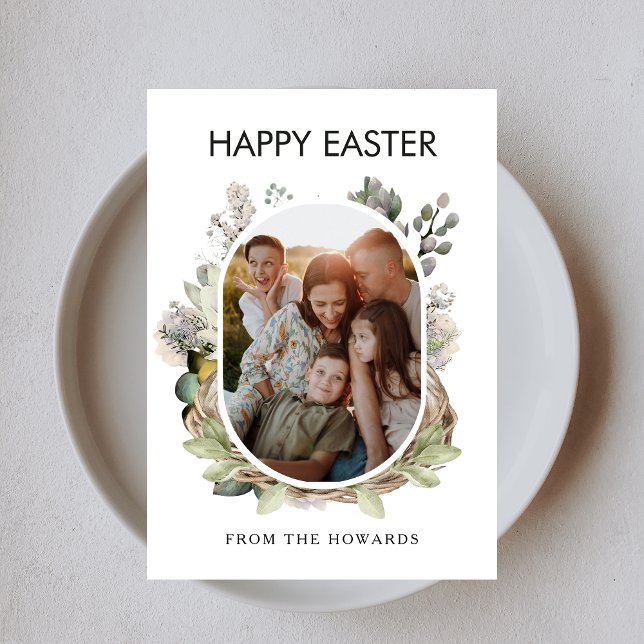 Rustic Watercolor Bird Nest Family Photo Easter Julkort (Skapare uppladdad)