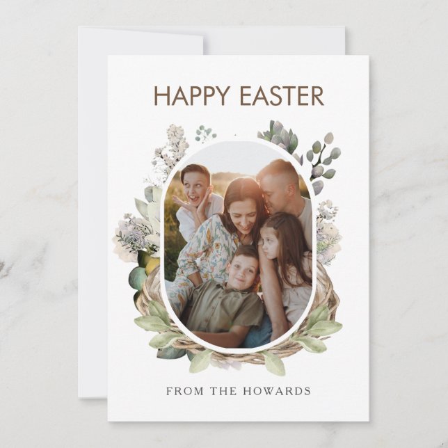 Rustic Watercolor Bird Nest Family Photo Easter Julkort (Framsida)
