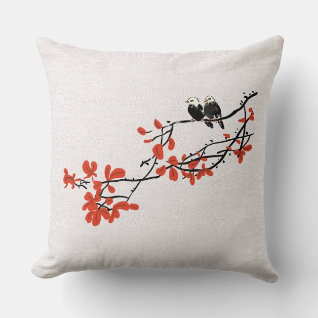 Rustic Watercolor Birds on Träd Gren Red Löv Kudde (Framsida)
