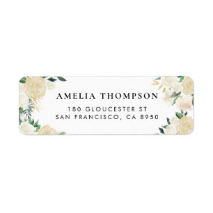 Rustic Watercolor Blek Peonies with Guld Accents Returadress Etikett
