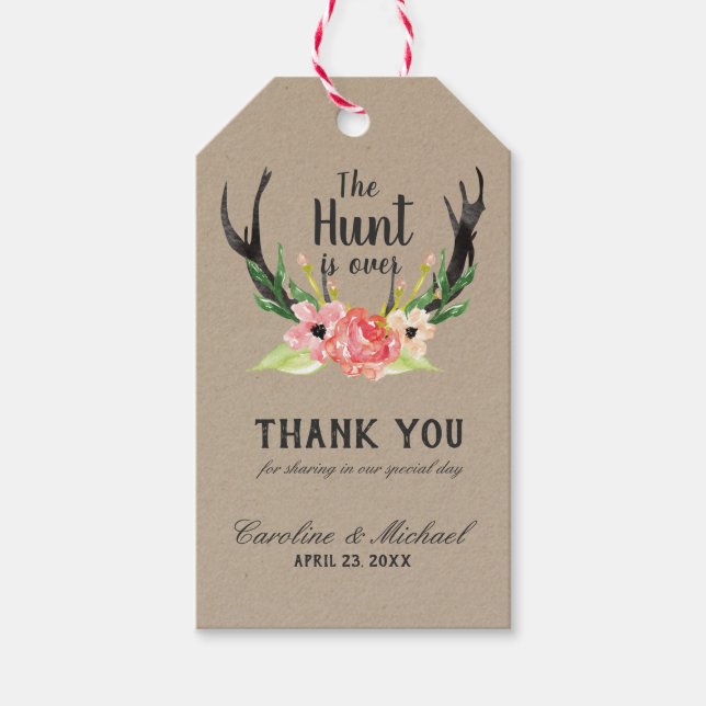 Rustic Watercolor Blommigt Boho Hunt är Över Bröll Presentetikett (Framsidan)