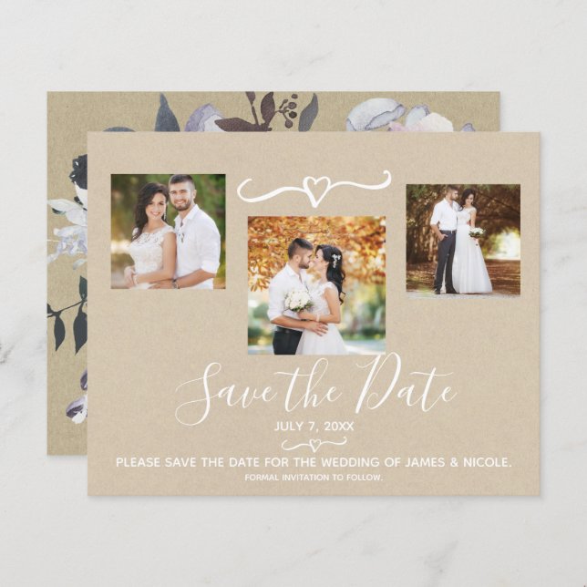 Rustic Watercolor Blommigt Kraft Photo Save Date (Fram/baksida)