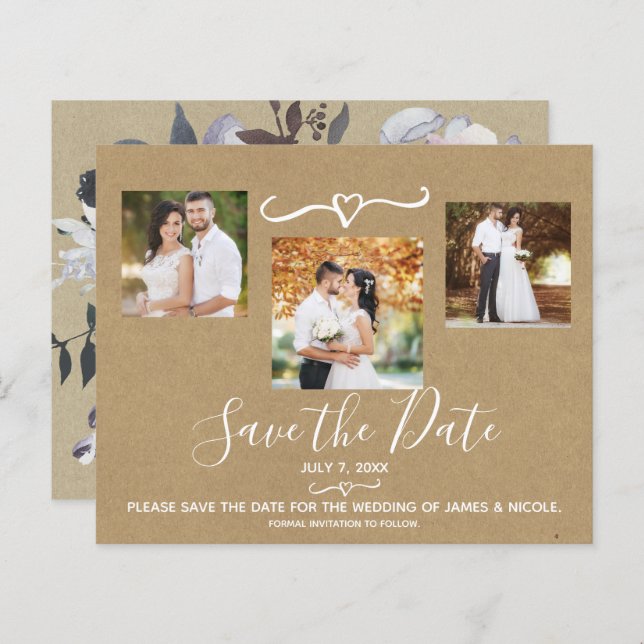 Rustic Watercolor Blommigt Kraft Photo Save Date (Fram/baksida)