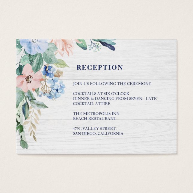 Rustic Watercolor Blommigt Navy Wedding Reception Visitkort (Framsidan)
