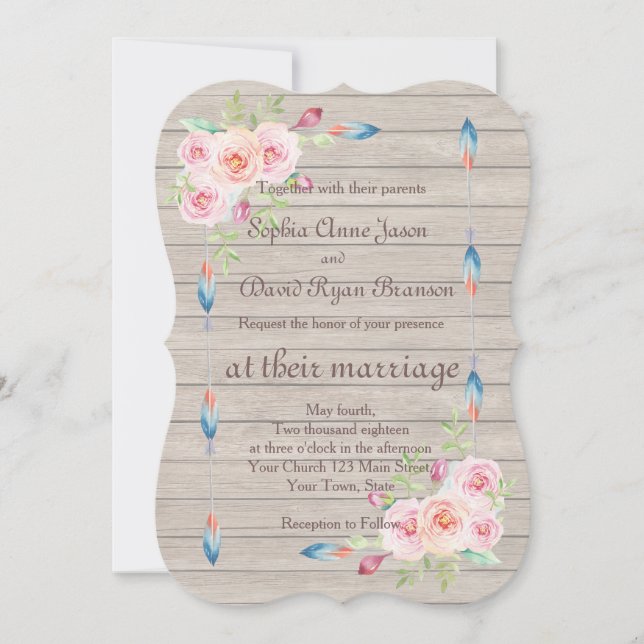 Rustic Watercolor Blommigt Old Wood Wedding bjudan Inbjudningar (Framsida)