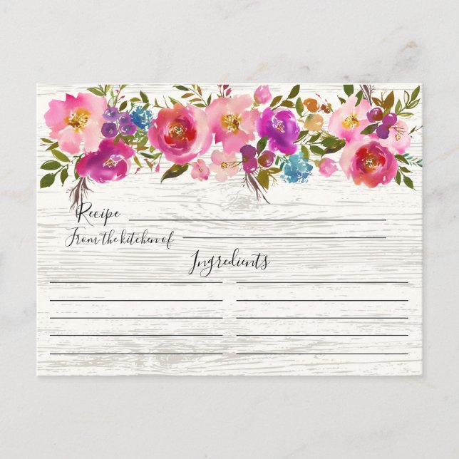 Rustic Watercolor Blommigt Recipe Card Vykort (Framsida)