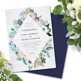 Rustic Watercolor Blommigt Wood Navy Summer Bröllo Inbjudningar