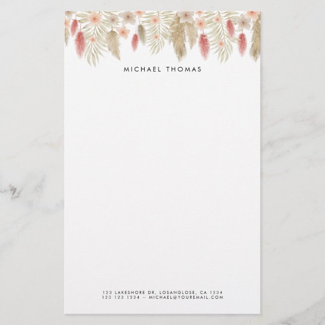 Rustic Watercolor Boho Blommigt Personlig Brevpapper (Framsida)