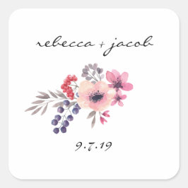 Rustic Watercolor Bride & Groom Bröllop Sticker Fyrkantigt Klistermärke