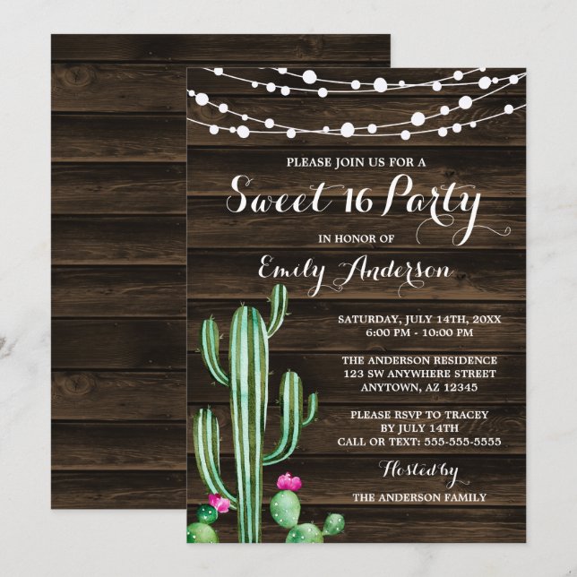 Rustic Watercolor Cactus Barn Wood Sweet 16 Inbjudningar (Fram/baksida)