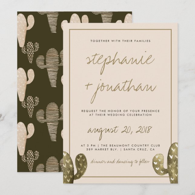 Rustic Watercolor Cactus Wedding bjudande Inbjudningar (Fram/baksida)