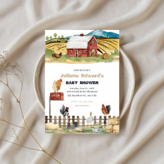 Rustic Watercolor Chicken Farm Baby Shower Inbjudningar