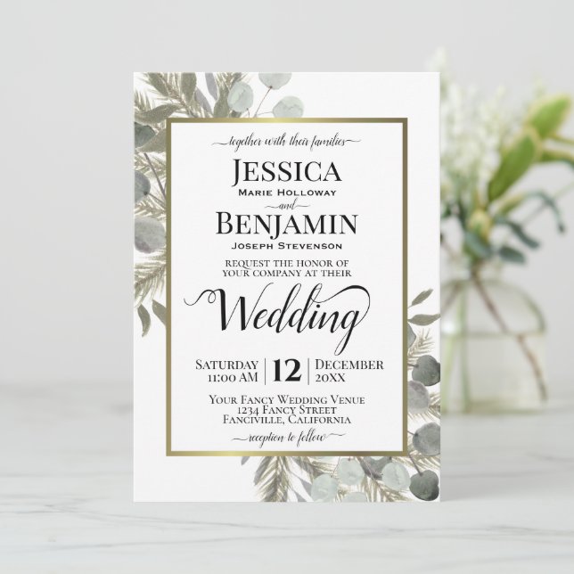 Rustic Watercolor Eucalyptus & Gräs Winter Wedding Inbjudningar (Stående Fram)