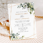 Rustic Watercolor Eucalyptus Greenery Guld Bröllop Inbjudningar<br><div class="desc">Den här eleganten innehåller blandade vattenfärgsgröna löv parade med ett klassserif & delikat sans font in black,  med ett monogram på baksidan. Matchande objekt är tillgängliga.</div>