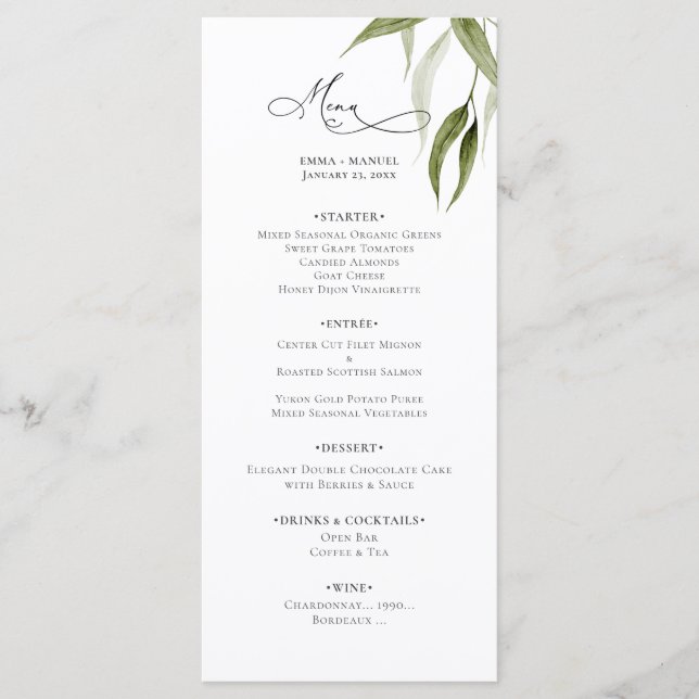 Rustic Watercolor Eucalyptus Greenery Menu Meny (Framsida)