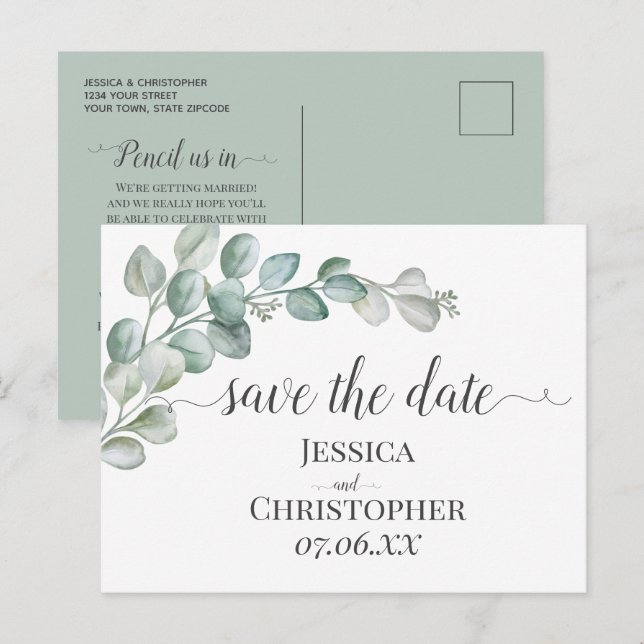 Rustic Watercolor Eucalyptus Greenery Wedding Meddelande Vykort (Fram/baksida)