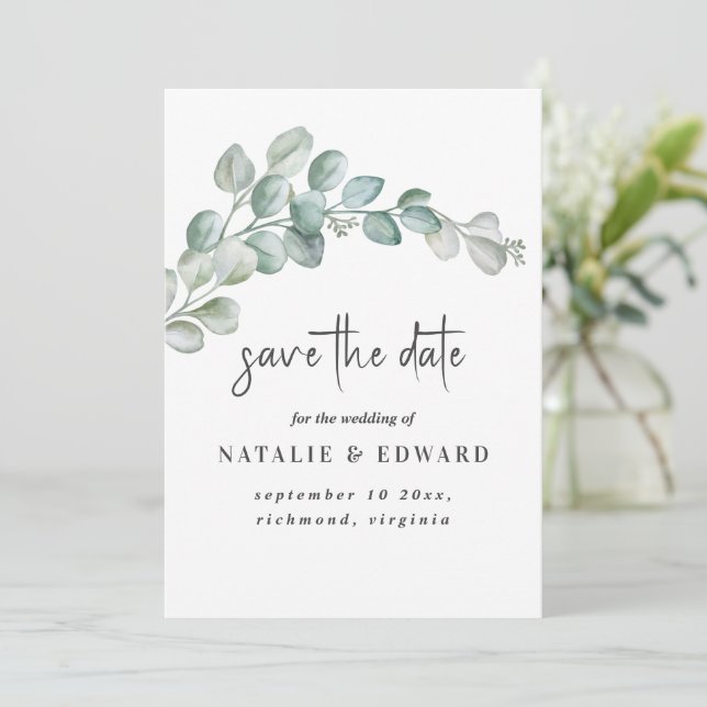 Rustic Watercolor Eucalyptus Greenery Wedding Spara Datumet (Stående Fram)