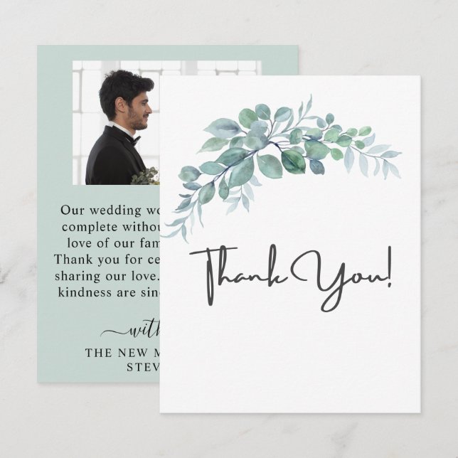 Rustic Watercolor Eucalyptus Greenery Wedding Tack Kort (Fram/baksida)