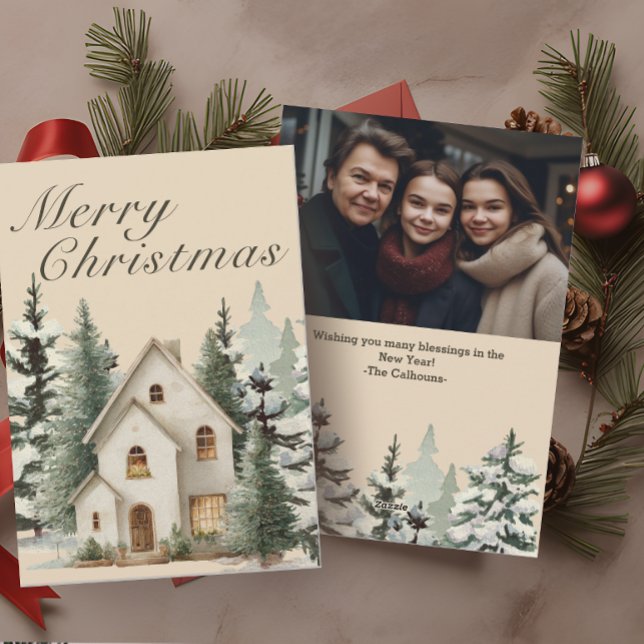 Rustic Watercolor Farmhouse Christmas Photo Julkort (Skapare uppladdad)