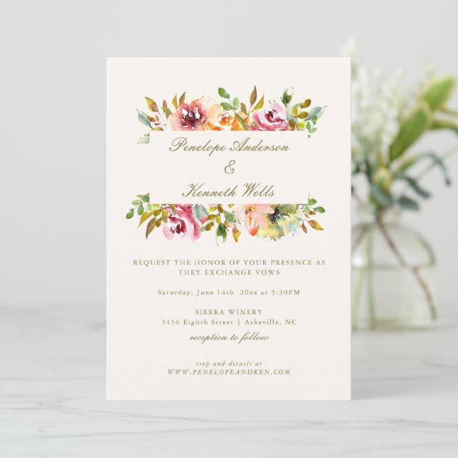 Rustic Watercolor Floral Botanical Fall Wedding  Inbjudningar (Stående Fram)
