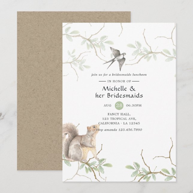 Rustic Watercolor Forest Bridesmaids Luncheon Inbjudningar (Fram/baksida)