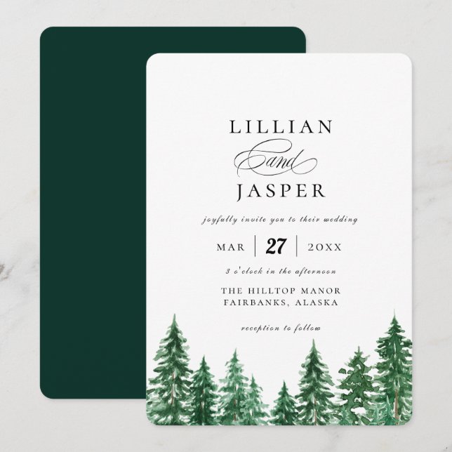 Rustic Watercolor Forest Bröllop Inbjudningar (Fram/baksida)