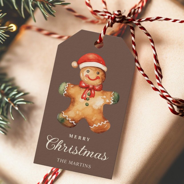 Rustic Watercolor Gingerbread Man Christmas  Presentetikett (Skapare uppladdad)