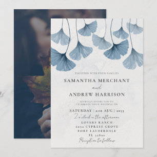 Rustic Watercolor Ginkgo Dusty Blue Bröllop Inbjudningar