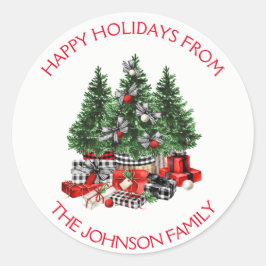 Rustic Watercolor Glad helg Julgranar Runt Klistermärke
