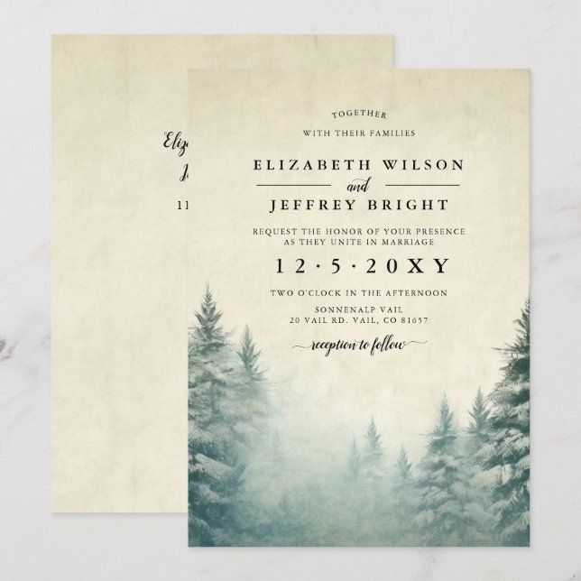 Rustic Watercolor Gräs Forest Winter Wedding Inv Inbjudningar (Fram/baksida)