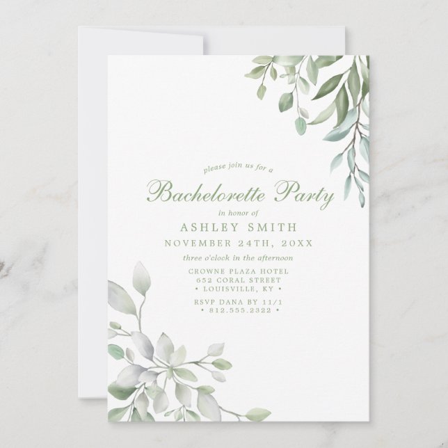 Rustic Watercolor Greenery Blommigt Bachelorette Inbjudningar (Framsida)