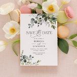 Rustic Watercolor Greenery Bröllop spara datum Inbjudningar<br><div class="desc">Den här eleganten och anpassadet Spara datumkortet innehåller blandade vattenfärgsgröna löv parade med ett klassserif & delikat sans font in black,  med ett monogram på baksidan. Matchande objekt är tillgängliga.</div>