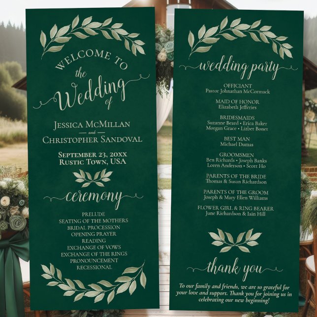Rustic Watercolor Greenery Elegant Emerald Bröllop Program (Front/Back)