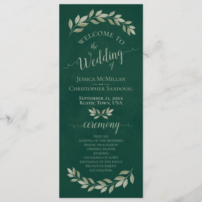 Rustic Watercolor Greenery Elegant Emerald Bröllop Program (Framsida)