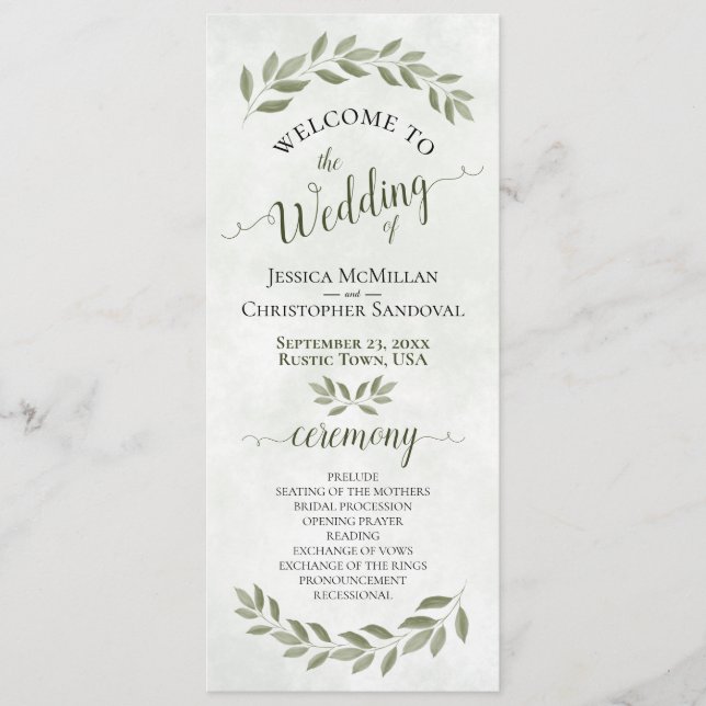 Rustic Watercolor Greenery Elegant Sage Bröllop Program (Framsida)