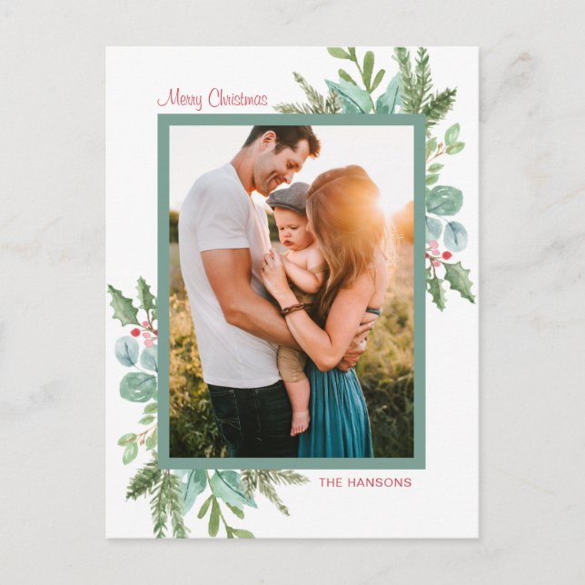 Rustic Watercolor Greenery Photo God jul Helg Vykort (Framsida)