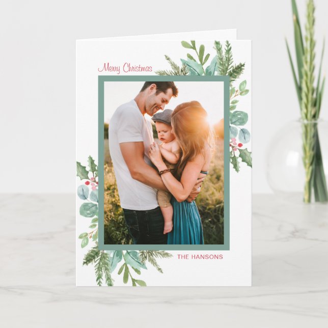 Rustic Watercolor Greenery Photo God jul Helgkort (Framsida)