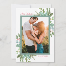 Rustic Watercolor Greenery Photo God jul Julkort