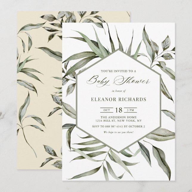 Rustic Watercolor Greenery Ram Baby Shower Inbjudningar (Fram/baksida)