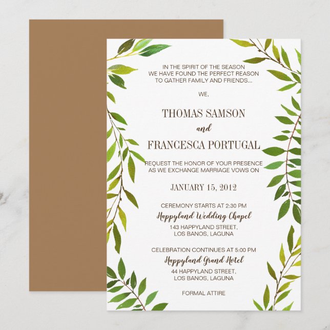 Rustic Watercolor Greenery Wedding Card Inbjudningar (Fram/baksida)