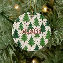 Rustic Watercolor Helgdag Red Grönt Pinetrees Julgransprydnad Keramik