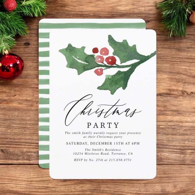 Rustic Watercolor Holly Helgdag jul Party Inbjudningar (Skapare uppladdad)