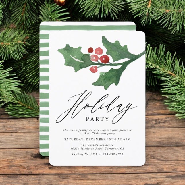Rustic Watercolor Holly-jul | Julfest Inbjudningar (Skapare uppladdad)