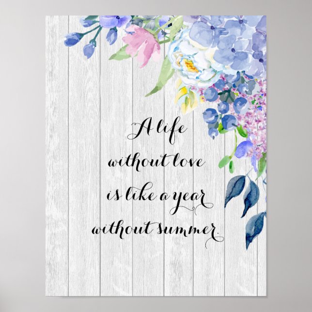 Rustic Watercolor Hydrangeas med sommarcitat Poster (Framsidan)
