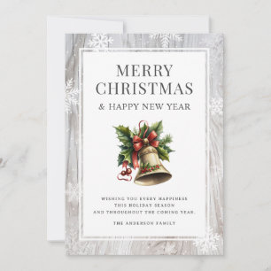 Rustic Watercolor jul Bell Wood Snöflingor Julkort