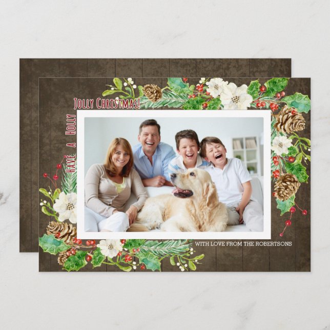 Rustic Watercolor jul Holly Jolly Blommigt Inbjudningar (Fram/baksida)