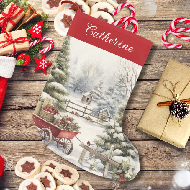 Rustic Watercolor Julgran Personlig Liten Julstrumpa (Skapare uppladdad)